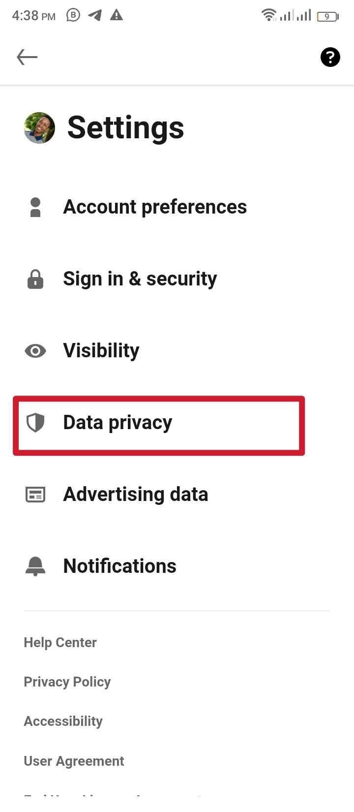 Tap on Data Privacy - LinkedIn