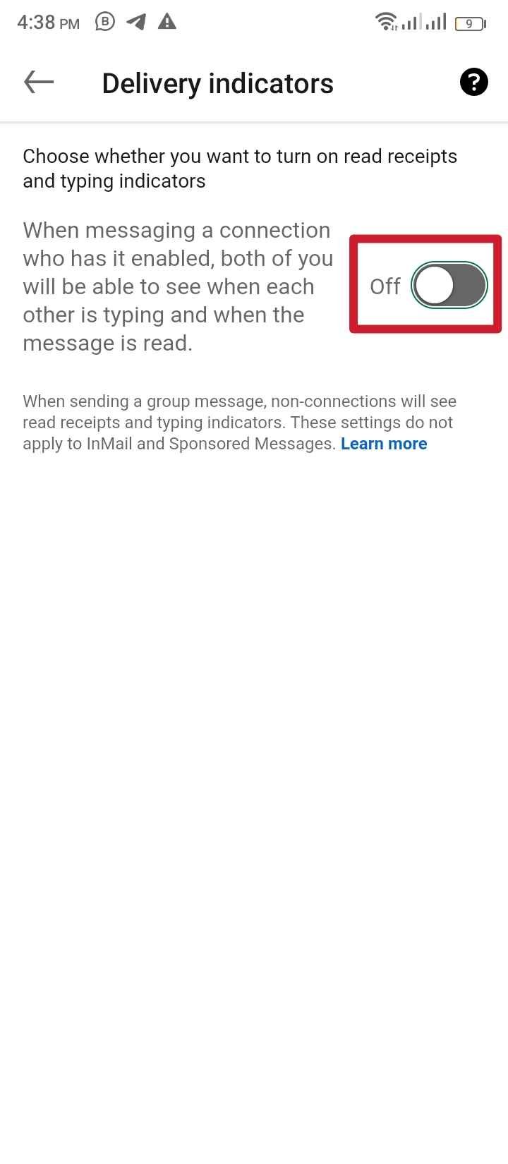 Toggle off Read Receipt on LinkedIn